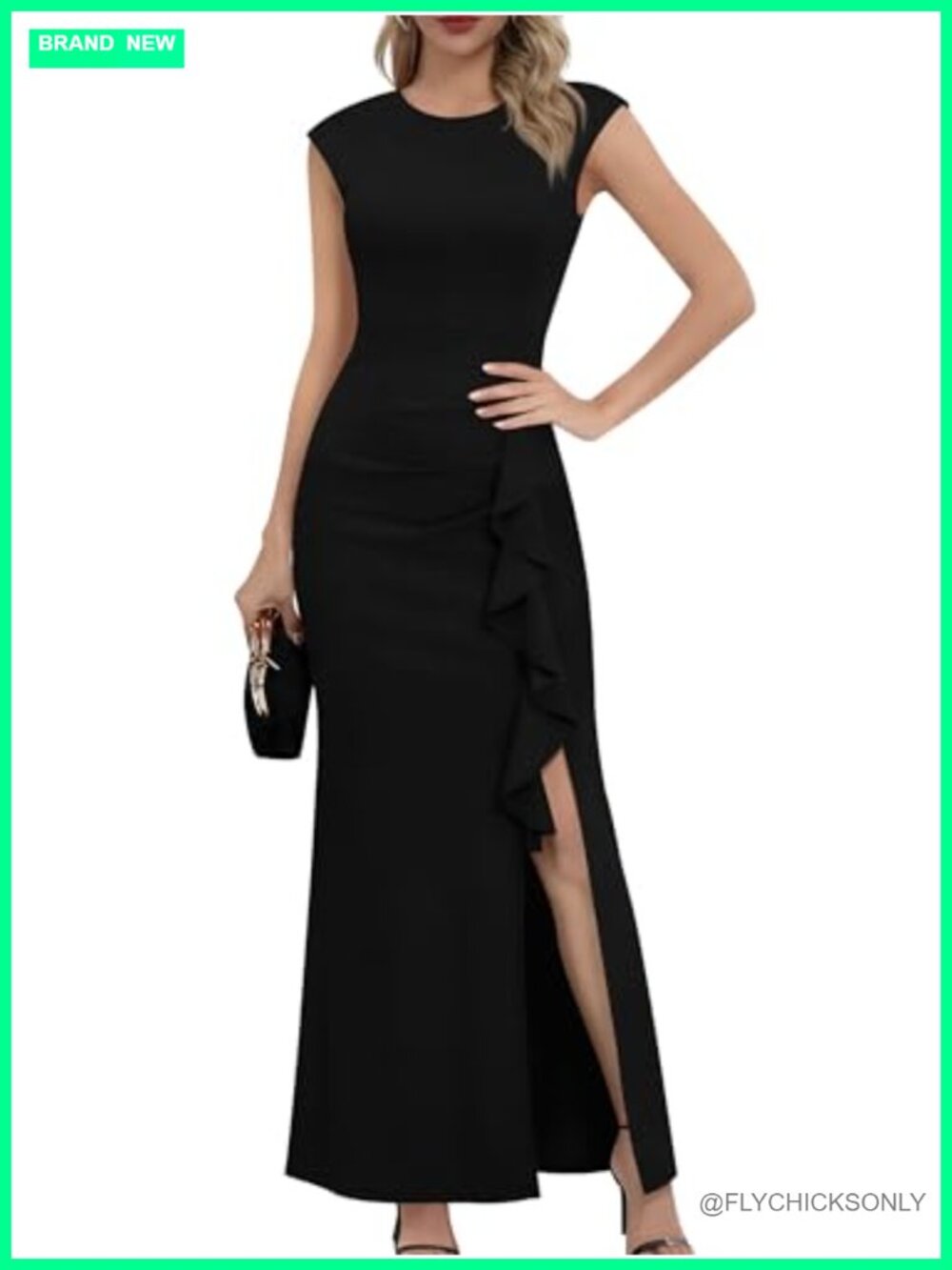 Mermaid Maxi Dress Cap Sleeve Ruffle Side Split Ruched Bodycon Evening Party